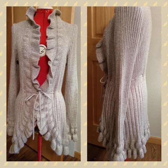 Debbie Morgan Sweaters - Tan ruffly long cardigan S Edwardian